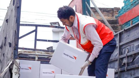 WVI Nepal staff uploads the PPE and Hygiene Kits to be handed over to the Ministry of Health and Population on April 22, 2020.  
