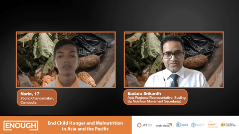 Narin, a changemaker in Cambodia, called on UN agencies, NGOs, and government agencies to work together in fighting malnutrition, food insecurity and climate change as well as putting children at the heart of the solutions, policies and decisions. 