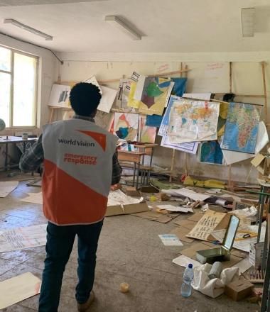 World Vision staff inside damanged school in Tigray