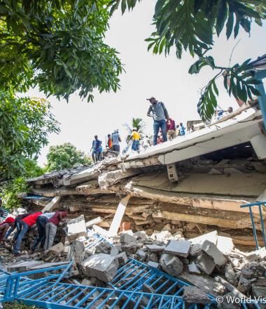 Collapsed building in Haiti following 7.2 earthquake