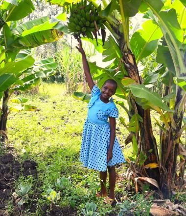 young girl reaches up to touch a bunch of bananas hanging in a tree