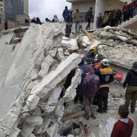 Collapsed building following earthquake in Turkey and Syria